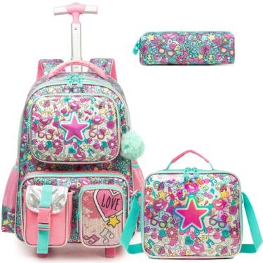 Imagem de Egchescebo Mochila Escolar Infantil com Rodinhas para Meninas e Crianças Rodas Bolsa Mala Carrinho 17” 3PCS Lancheira Juvenil Estojo Costas Divertidamente Multifuncionais Viagem Pentagrama Roxo