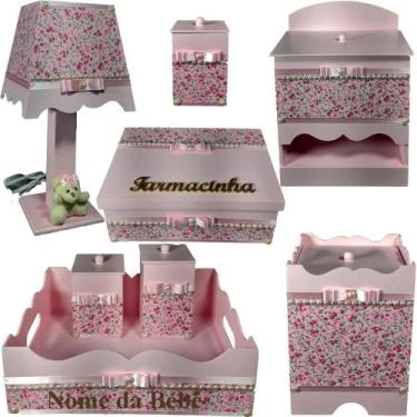 Imagem de Kit farmacinha de bebê Mdf menina - Jardim Rosa Florido Pérolas - Flor