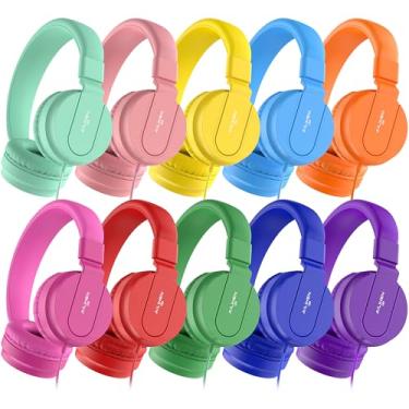 Imagem de AILIHEN Fones de ouvido infantis a granel, pacote com 10 para sala de aula escolar K-12, fones de ouvido com fio com microfone e volume limitado de 93 dB, conector de 3,5 mm para Chromebook,