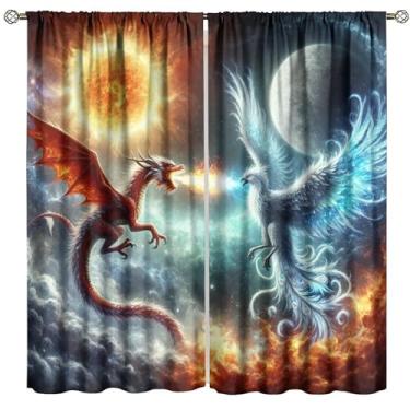 Imagem de Cortinas de dragão de fogo e gelo fantasia conto de fadas azul dragão vermelho meninos meninas adolescentes cortinas blackout para quarto sala de estar cozinha café decoração (53 x C 114 cm) x 2