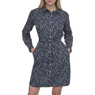 Imagem de DKNY Minivestido feminino de manga comprida com colarinho e laço, Azul marinho/marfim Mutli, 38