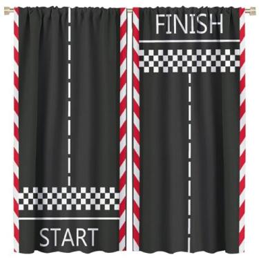 Imagem de Cortinas de janela blackout para pista de carro de corrida infantil, cortina de janela esportiva com bandeira quadriculada, para crianças, meninos, adolescentes, sala de estar, quarto, 53 cm (L) x 118