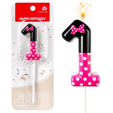 Imagem de JonesLi Velas de aniversário rosa e pretas para meninas, decorações de 1º aniversário para meninas, enfeite de bolo de rato rosa, decoração de cupcake, decoração de festa de aniversário com tema de