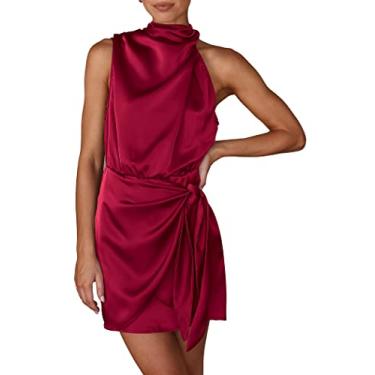 Imagem de PRETTYGARDEN Vestido feminino curto de cetim formal 2023 verão sem mangas gola falsa gravata cintura vestidos de festa coquetel, Vermelho profundo, P