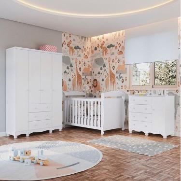 Imagem de Quarto de Bebê Completo Berço Minicama Guarda-roupa 4 Portas e Cômoda 100% Mdf Nina Espresso Móveis Branco Brilho