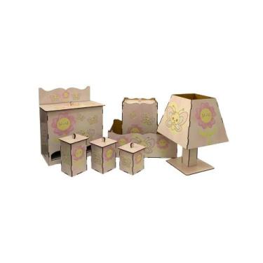Imagem de Kit Higiene Bebê com Abajur 7 Peças em Madeira Mdf Adesivado - ATACADÃ