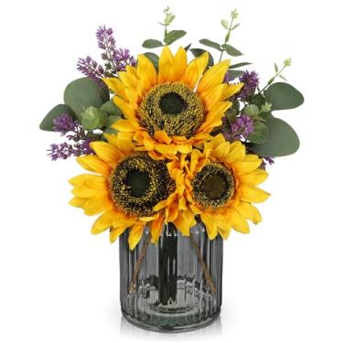 Imagem de Oairse Flores falsas em vaso, girassóis, flores artificiais com vaso, girassóis, centros de mesa para arranjo de flores de seda para casa de fazenda, casa, cozinha, banheiro, festa de casamento,