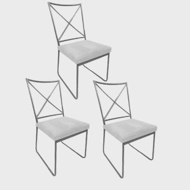 Imagem de Kit 03 Cadeiras Sala de Jantar Escritório Office Clark Industrial Ferro Prata Suede Branco - Ahz Móveis