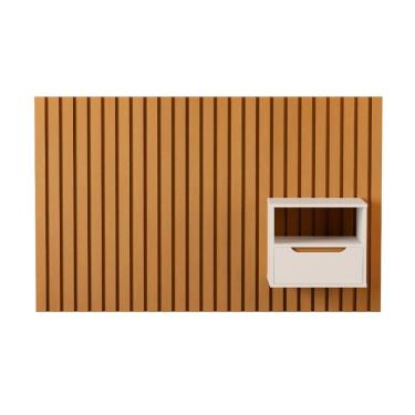 Imagem de Cabeceira Ripada Maracá Solteiro MDF/MDP e 1 Mesa de Cabeceira Jatobá Off White Nature JB Bechara