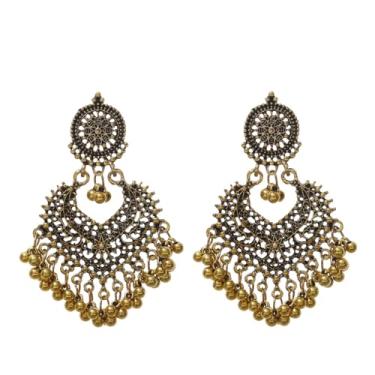 Imagem de Elegante Jhumka Joias indianas vintage banhado a ouro brincos de lustre, pingente para mulheres, amigas, acessórios de Bollywood, presentes, Medium, Metal, Sem pedra preciosa