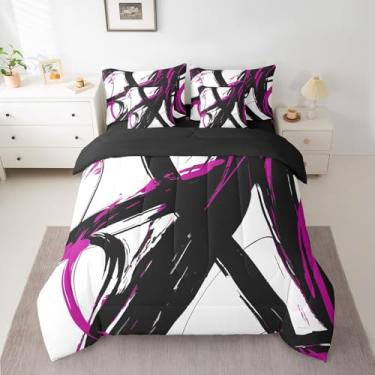 Imagem de Feelyou Conjunto de edredom de arte abstrata roxo e preto com lençol com estampa geométrica moderna, tamanho king, 7 peças, para crianças, meninos, meninas, minimalista, linha de tinta, cama em um