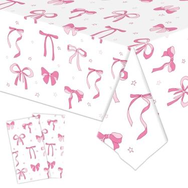Imagem de ZJHiome Pacote com 2 toalhas de mesa com laço rosa e branco, decorações de aniversário, 137 x 272 cm, capa de mesa de plástico para meninas, tema de laço, aniversário, chá de bebê, decoração de festa