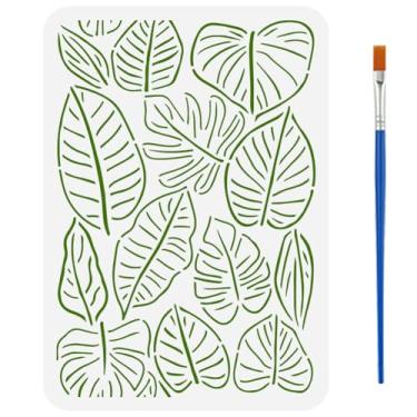 Imagem de FINGERINSPIRE Estêncil de decoração de contorno de folha tropical com 1 pincel de tinta de plástico 21 x 29,7 cm estêncil de conexão infinita reutilizável com padrão de folha tropical para pintura em