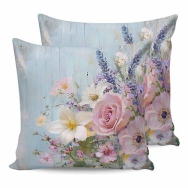 Imagem de Capas de almofada à prova d'água para ambientes externos, capa de almofada de flor lavanda rosa pastoral, floral retrô em madeira para cama, sofá, sofá, móveis de pátio, 45,7 x 45,72 cm, pacote com 2
