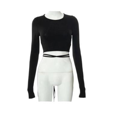 Imagem de Camiseta Preta Slim Fit com Renda, Manga Comprida e Gola Redonda - Sem