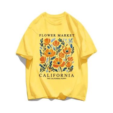 Imagem de Camiseta Feminina Casual de Algodão - Estampa Floral Amarela - Manga C