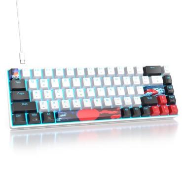 Imagem de surmen 65% teclado mecânico para jogos com interruptor vermelho linear, mini teclado compacto com fio, 60% retroiluminado para jogadores de laptop, desktop, PC (68 branco-azul gelo)