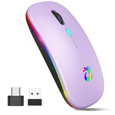 Imagem de Mouse sem fio de LED, recarregável e silencioso, mouse óptico portátil de 2,4 G, com receptor USB e adaptador tipo C, 3 DPI ajustáveis para laptop, computador, notebook, desktop (roxo claro)