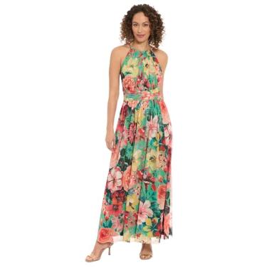 Imagem de London Times Vestido longo feminino maxi floral sem mangas com decote frente única plissado para ocasiões especiais, Verde/amarelo, 40