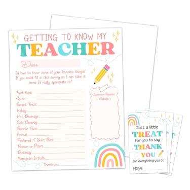 Imagem de Cartões de perguntas e respostas Rainbow Getting To Know My Teacher - 10 peças de cartões de preenchimento do primeiro dia de escola com 20 adesivos de agradecimento - A05
