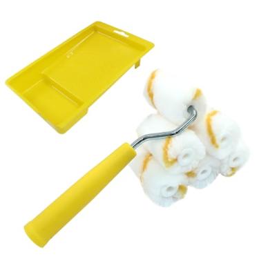 Imagem de Hordion Kit de rolo de pintura de 5 cm, capas de rolo de microfibra com bandeja - moldura de mini rolo, capas de rolo de microfibra para projetos de estêncil DIY menores, amarelo