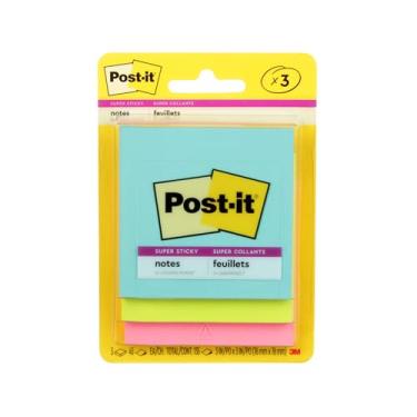 Imagem de Post-it Super Sticky Notes, 7,6 x 7,6 cm, 4 blocos, 2 x The Sticking Power, Coleção Miami, Cores neon (laranja, rosa, azul, verde), reciclável (3321-SSAN-B)