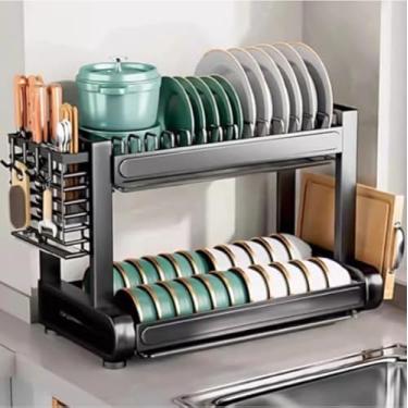 Imagem de Escorredor de Louças Duplo em Aço Inoxidável, Preto, Organizador de Talheres e Pratos para Cozinha