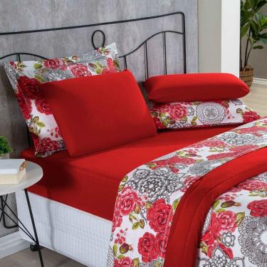 Imagem de Kit Edredom Malha 100% Algodão Primavera 3 Peças Casal - Floral Vermelho