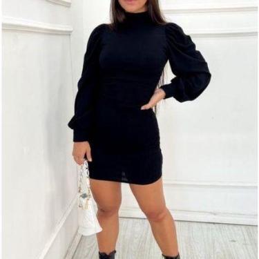 Imagem de Vestido Curto Gola Alta Manga Longa Bufante Canelado Feminino - Filó M