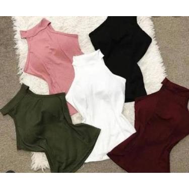 Imagem de Blusa feminina malha canelada gola alta manga cavada com bojo - moda f