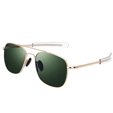 Imagem de Óculos de sol masculino aviador militar militar militar militar Rcxkoom com hastes baioneta, Lente verde escura com armação dourada