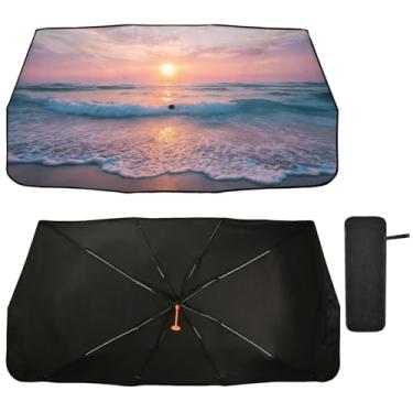 Imagem de Guarda-sol de carro para para-brisa guarda-chuva retrátil dobrável SUV lindo nascer do sol praia verão protetor solar automotivo para-sol carro viseira bloqueia raios UV