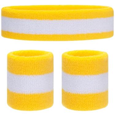 Imagem de ONUPGO Conjunto de pulseiras para crianças – Faixa atlética de algodão para bebês (1 faixa de cabeça + 2 pulseiras) (amarelo/branco/amarelo)