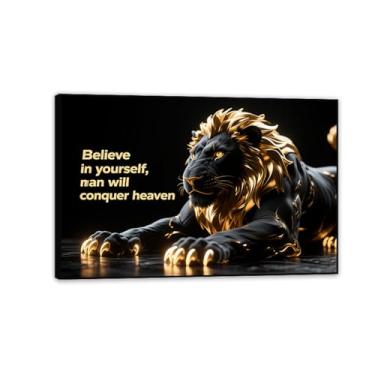Imagem de Tela inspiradora arte de parede animal pôster motivacional preto e dourado rei leão dominador presentes de incentivo inspirador para homens imagem de afirmações positivas 45 x 30 cm (18 x 12 polegadas