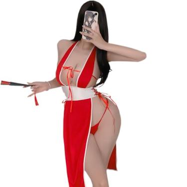 Imagem de SENJIY sexy kimono dress for women lingerie robe outfit costume Cheongsam Qipao cosplay Deep V-Neck long open front Cute Side Slit short Anime japanese Yukata tie suit Sleepwear Pajamas Red