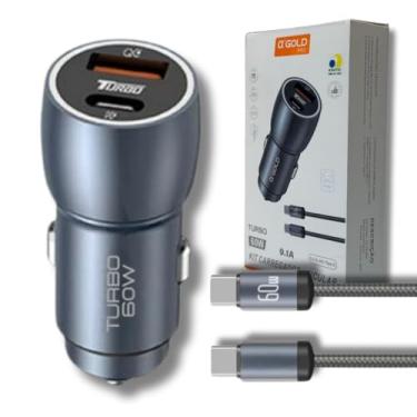 Imagem de Carregador Veicular Turbo 60W Pro, Kit com Cabo USB-C. Duas portas USB 3.0 + USB-C, Led, Carregamento Rápido 9.1A Fast Charge Carro/Automotivo Compatível com IOS e Android – Premium (Cinza)
