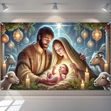Imagem de BlissYard Faixa de presépio 188 x 109 cm Sagrada Família Bebê Jesus Nascimento Natal Pano de Fundo Religioso Manjedoura com Lanternas e Ovelhas para decoração de parede interna e externa, celebração