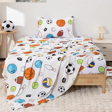 Imagem de URLINENS Jogo de lençol infantil para crianças, solteiro, colorido, divertido, colorido, com tema de basquete, beisebol, futebol, para meninos, meninas, adolescentes, sem rugas