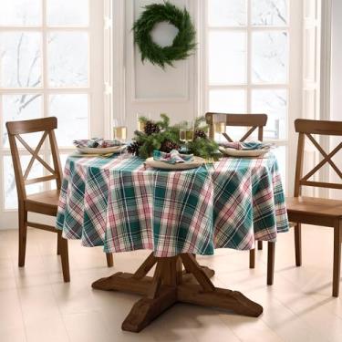 Imagem de Elrene Home Fashions Toalha de mesa de algodão xadrez natalino/inverno, tartã vermelha e verde, 178 cm x 178 cm redonda