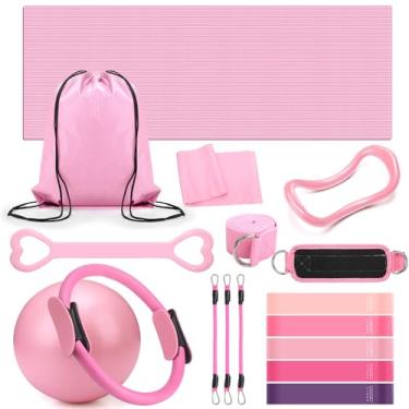 Imagem de RoundFunny Conjunto de 18 anéis de pilates, kit essencial para mulheres, anel de pilates e bola de resistência ao tornozelo, faixa de ioga, meias para ioga, maca de braço, tubo de látex, academia