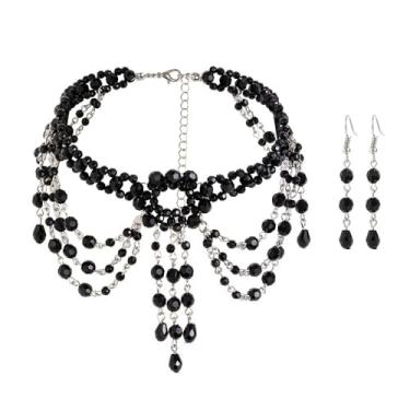 Imagem de Missgrace Conjunto de brincos e colares de gargantilha de cristal boho punk preto com borlas pretas acessórios góticos de Halloween gótico punk preto conjunto de brincos para mulheres