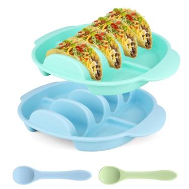 Imagem de BOXOB 2 Conjunto de Porta-Tacos, Silicone Reutilizáveis Pratos Colheres para Tacos Bandeja Antiderrapante para Servir Lavável na Máquina de Lavar Louça e Micro-Ondas (Verde e Azul)