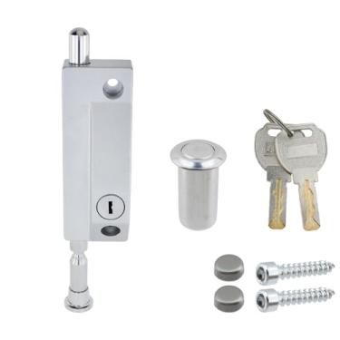 Imagem de WDONAY Fechadura de porta de chão, trava com mola de liga de zinco com chaves, fechadura de porta deslizante para portas de pátio de vidro de janela (prateado)