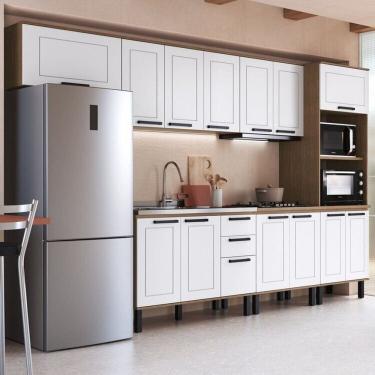 Imagem de Cozinha Modulada Provençal 7 Peças 2 Balcões 1 Tampo 3 Armários e Torre Quente Jequitibá/Branco Fosco