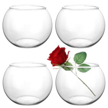 Imagem de HWASHIN Conjunto de 4 vasos de vidro transparente, 15 cm L x 11 cm A, castiçais redondos, tigela de bolhas, vasos de flores com escova de esponja, centros de mesa decorativos para decoração de casa de