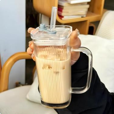 Imagem de Conjunto 6 Copos Com Canudo Tampa Alça Suco Vedação Silicone Vidro Canelado Frizado 250ml Grafiato Reutilizáveis Café Gelado Ideal Cerveja Uísque Presente