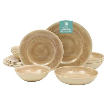 Imagem de Gibson Home Casper Court Conjunto de louça de melamina com 16 peças – Pratos e tigelas com aparência de esmalte reativo bege, serviço para 4 pessoas – Conjunto de jantar diário para lava-louças