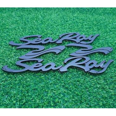 Imagem de 4 peças Sea Ray Searay Script barco letras logotipo emblema emblema 3D placa de identificação decalques 12-3/10.2 cm (preto brilhante)