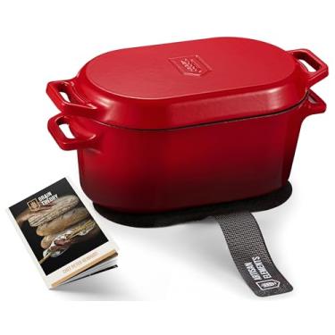 Imagem de KooK Forno holandês, para assar pão, forma de pão de fermento, alças duplas, ferro fundido esmaltado, com estilingue, pode ser lavado na lava-louças, 3,4 Qt, Cherry Ombre