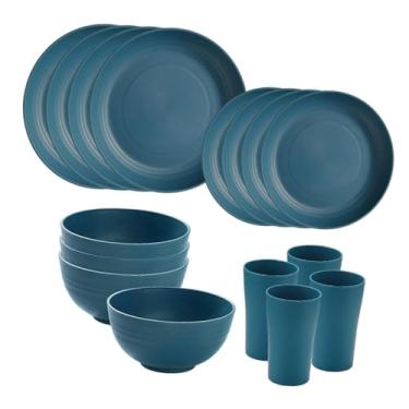 Imagem de Bothyi Conjunto de louças com 16 peças, tigelas redondas de palha PP minimalistas para 4 pratos de sobremesa inquebráveis para camping ao ar livre, cozinha, Verde Escuro